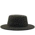 Flat top leopard print wool fedora hat with wide brim in olive green and black - Army Green