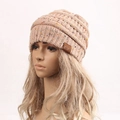 Winter chunky knit beanie in apricot with colorful flecks and brown leather CC patch - Light Camel