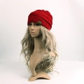 Red confetti cable knit beanie with faux leather patch and cozy warm texture - Dark Red