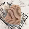 Thick light coffee knit beanie for winter with soft vertical stripe texture for warmth - M (56-58cm) / Pink