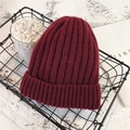 Winter knitted beanie in wine red color with thick warm lining and ribbed texture - M (56-58cm) / Burgundy