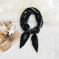 Elegant pleated black silk scarf with white wave edges and vintage abstract pattern - 70cm/Pleated / Bagua Flower Black