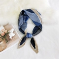 Pleated square scarf with navy blue and beige geometric patterns in a knotted loop style - 70cm/Pleated / Colorful Grid Khaki Border