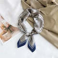 Elegant paisley and polka dot silk scarf in khaki and navy tied in a bow - 15 Carriage Paisley Khaki Navy