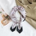 Pink and beige geometric polka dot silk scarf with black contrast tips on a white background - 10 Copper Coin Grid Black Border