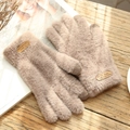Detail of beige plush gloves featuring a small bear tag on a rustic wooden background - One Size / Khaki
