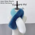 Three-tone patchwork faux fur scarf in denim blue, water blue, and white finish - Denim Blue and White Block