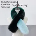 Three-color faux fox fur scarf in dark green, black and light blue color block design - Black Dark Green and Aqua Blue Block