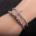 Set di bracciali regolabili da uomo con croce d'argento, zirconi e pietre quadrate nere - Set / Oro Bianco