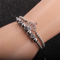 Men's silver beaded bracelet set with zircon crown pendant and black paved cubes - Crown B0138 Set / White Gold