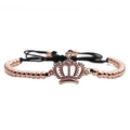 Detail of rose gold crown charm with micro-pave zircons on adjustable beaded bracelet - Crown B0138 / Rose Gold