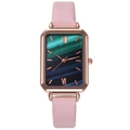 Women's rectangular quartz watch with rose gold case, malachite green dial, and pink leather strap - Pink