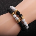 8mm lava and white turquoise crown bracelet set for men and women on wrist - 2 Pcs Set (Howlite + Lava Stone) / Gold Set Braided