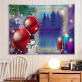 Close-up of Christmas tapestry featuring snowmen, pine branches, and festive candles - Colorful Holiday Night Sky