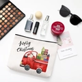 Weiße Baumwoll-Kosmetiktasche mit Weihnachtstruck und Merry Christmas Aufdruck - Stil E (Weihnachtsmann-LKW-Illustration)