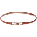 Slim brown leather belt featuring a minimalist golden metal buckle on white background - Camel