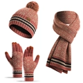 Winter 3-piece knit set in brick red featuring snowflake patterns, pompom hat and touch gloves - Magenta