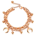 Double-layer rose gold Cuban chain bracelet with moon and bead charms for women - Rose Gold