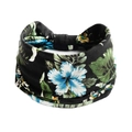 Elastisches Yoga-Stirnband mit schwarzem Tropen-Blumenmuster und blauen Blüten sowie Blättern - Schwarz Blau Blume Grünes Palmblatt(#25)
