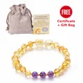Bernstein Baby-Armband mit Amethyst-Perlen, inklusive Geschenkbeutel und Zertifikat - Gelber Bernstein Mit Violettem Amethyst (Stil 2)