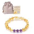 Bracelet pour bébé en ambre de la Baltique et améthyste avec pochette et certificat - Ambre Jaune Avec Améthyste Violette (Style 2)