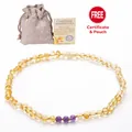 Bernstein Babykette mit Amethystperlen, inklusive Stoffbeutel und Echtheitszertifikat - Amethyst Gold Bernstein Halskette