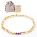 Bernstein Babykette mit Amethystperlen, inklusive Stoffbeutel und Echtheitszertifikat - Amethyst Gold Bernstein Halskette