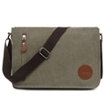 Army green canvas messenger bag with brown adjustable strap and leather logo patch - Green