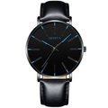 Reloj de cuarzo Geneva con esfera negra, índices azules y correa de cuero negro - Correa de Cuero Caja Negra Manecillas Azules