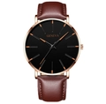 Geneva quartz watch with rose gold case, black dial, and brown leather strap for men - Brown Leather Strap Rose Gold Case Orange Pointer