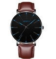 Geneva quartz watch featuring a black dial, blue markers, and a brown leather strap - Brown Leather Strap Black Dial Blue Pointer