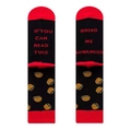Funny black cotton socks with red trim featuring a hamburger pattern and text detail - EU 41-46 / Black/Red/Hamburger Pattern