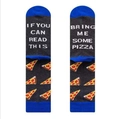 Grey mid-calf cotton socks with blue accents and pizza-themed text on the soles - One Size / Grey Pizza Slogan