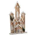 Wooden Christmas house ornament with warm lights, snow effect, and pine needle accents - Large Natural Wood House / Natural Wood Color / Large (28x8x60cm)