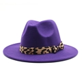Detail view of purple wool fedora hat featuring leopard print ribbon and side bow - M (56-58cm) / Purple