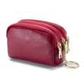 Mini genuine leather coin purse in wine red with three zippers and golden keychain - Burgundy
