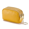 Yellow genuine leather coin purse with three zippers and a metal keychain ring - Bright Yellow