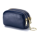 Dark blue pebbled leather mini coin purse with triple zippers and gold keychain ring - Royal Blue