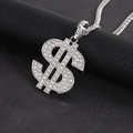 Iced out silver dollar sign pendant necklace with crystals on cuban chain link - Silver Necklace
