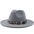 Detail of grey wool fedora hat featuring a stylish leopard print belt and silver buckle - M (56-58cm) / Gray