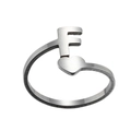 Detail of silver letter F open ring with a small heart and brushed metal texture - Letter F / Steel