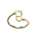 Macro detail of golden open ring featuring a minimalist heart and letter D design - Letter D / Gold