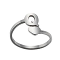 Detail view of silver stainless steel open ring with letter A and heart shaped design - Letter Q / Steel
