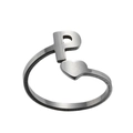 Detail of silver letter P and heart ring with brushed metal texture and open band - Letter P / Steel