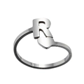 Detailed close-up of a silver open ring featuring an uppercase R and heart decoration - Letter R / Steel