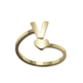 Detail of gold-plated V-shaped open ring featuring a delicate heart motif and metallic texture - Letter V / Gold