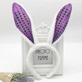 Detail of white plush rabbit ears headband with purple sequin polka dots for Easter party - Purple Sequin Bunny