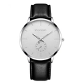 Detail of silver quartz watch with minimal dial, small second sub-dial and black leather strap - Leather Strap White Dial