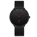 Minimalist all-black quartz watch with stainless steel mesh band and red hands - Black Mesh Strap Red Hands