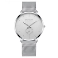 Detailed close-up of Khorasan silver mesh watch with minimalist dial and sub-dial - Silver Mesh Band White Dial